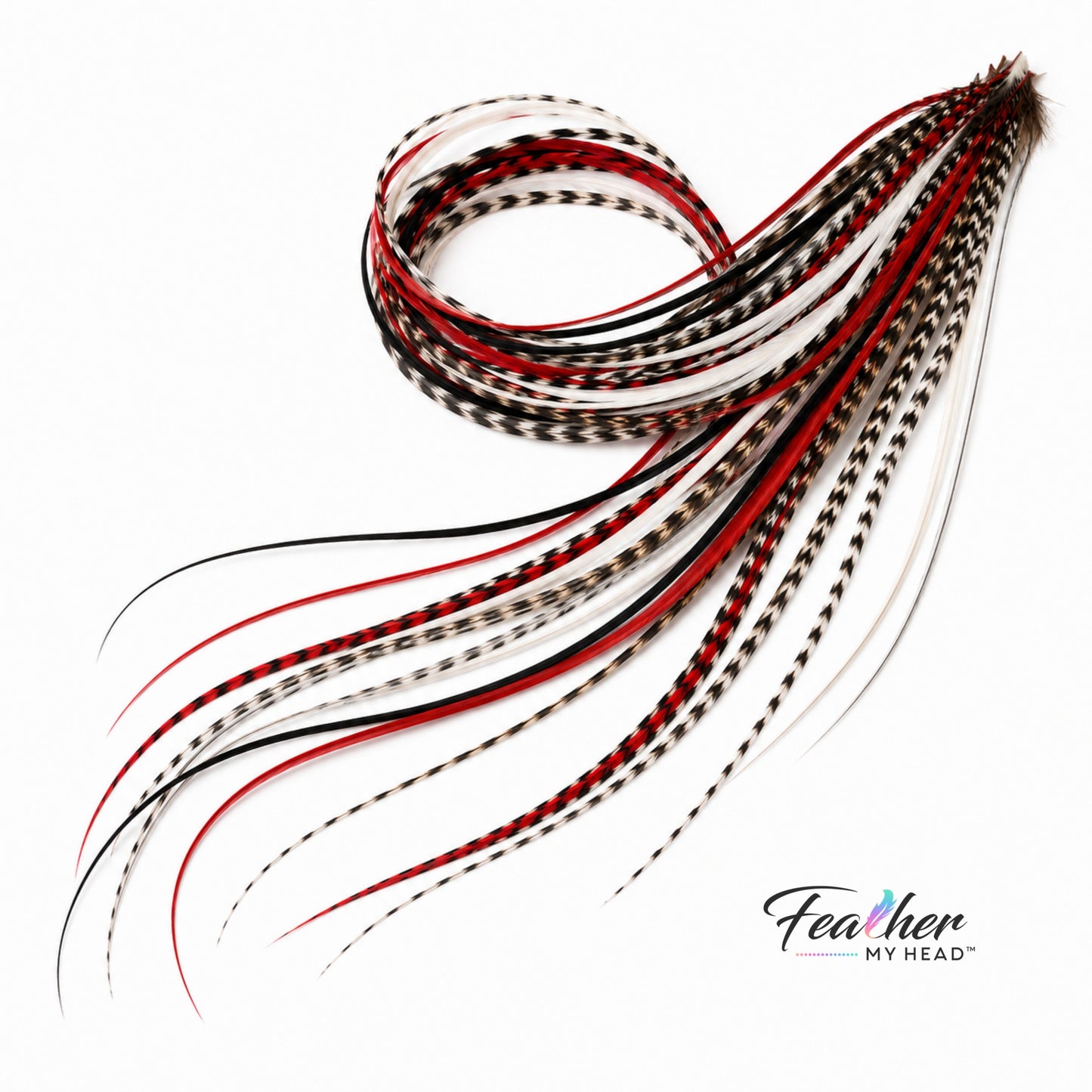 Vixen - Red, Black & White Feather Hair Extensions