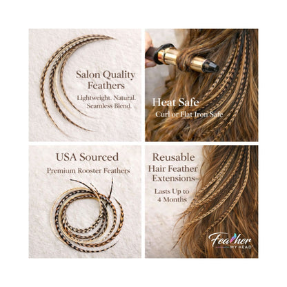 Sage green feather hair extensions feature collage showing salon quality heat safe reusable USA sourced feathers
