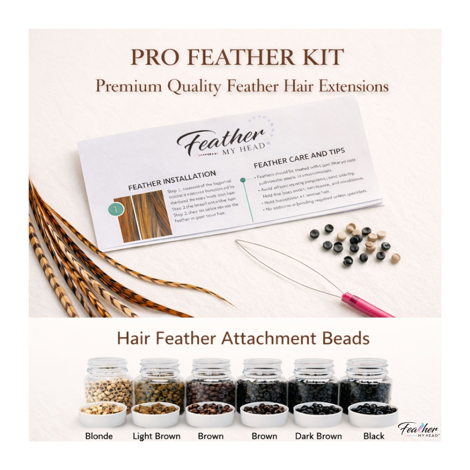 Pro feather kit with feather extensions, care tips card, and color selection beads on a light background.