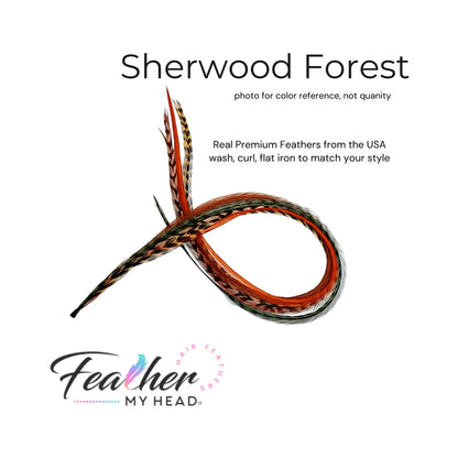Sherwood Forest Feather Hair Extensions . Mix of Red,  Brown, Butterscotch Green and Orange Feathers. Long Lengths and Hair Feather Kit Available