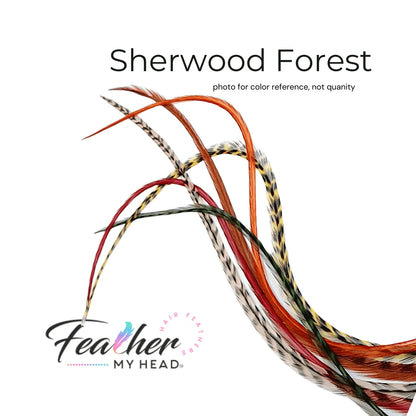 Sherwood Forest Feather Hair Extensions . Mix of Red,  Brown, Butterscotch Green and Orange Feathers. Long Lengths and Hair Feather Kit Available