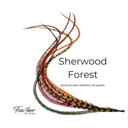 Sherwood Forest Feather Hair Extensions . Mix of Red,  Brown, Butterscotch Green and Orange Feathers. Long Lengths and Hair Feather Kit Available