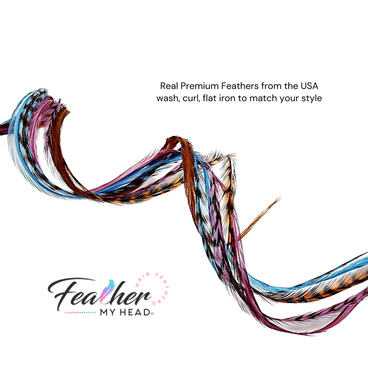 Feather Hair Extension Kit by Feather My Head. Mix of  Blue Feathers, Plum Purple Feathers, Brown Feathers.  Real hair feathers in long lengths. Halloween costume accessory