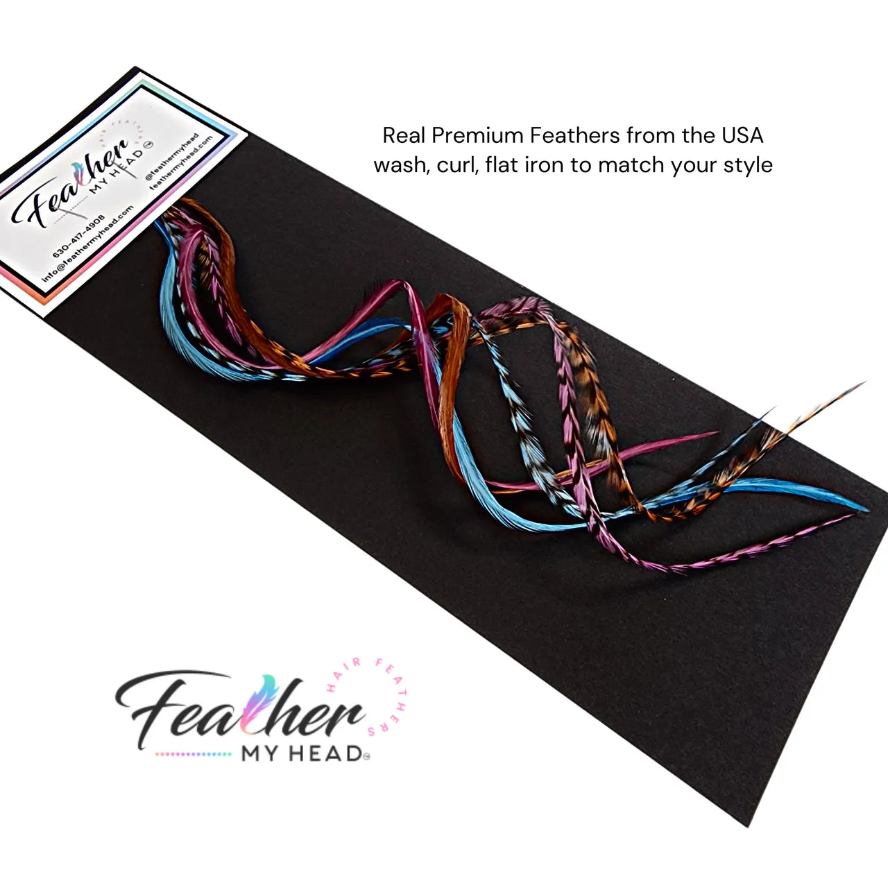 Feather Hair Extension Kit by Feather My Head. Mix of  Blue Feathers, Plum Purple Feathers, Brown Feathers.  Real hair feathers in long lengths. Halloween costume accessory