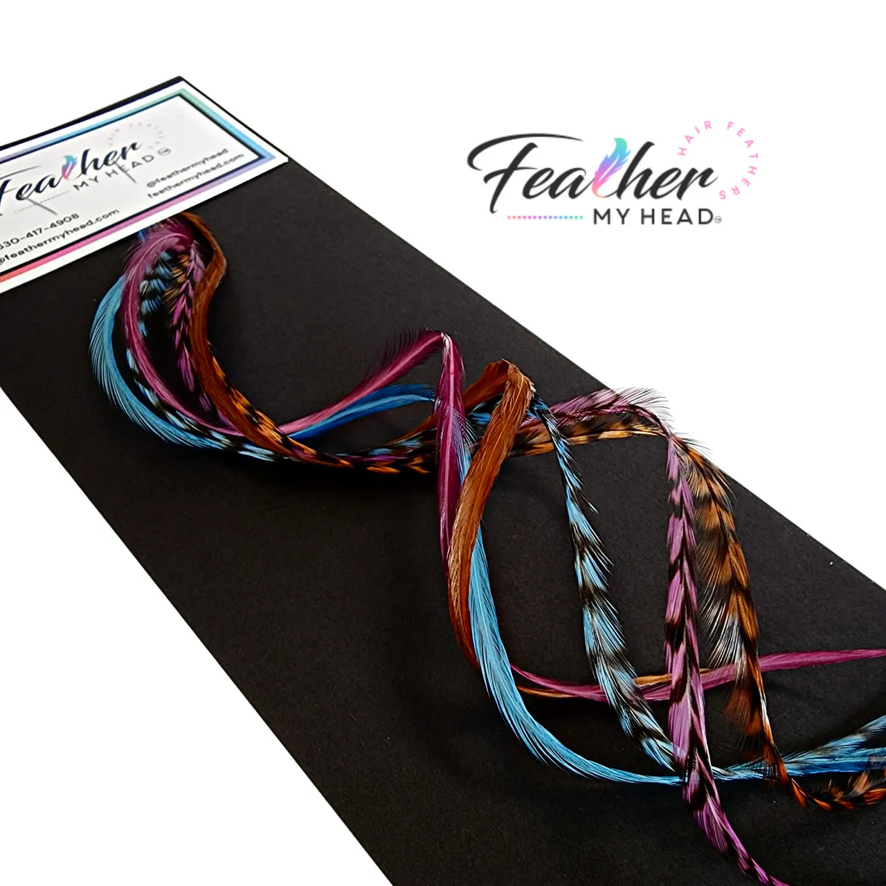 Feather Hair Extension Kit by Feather My Head. Mix of  Blue Feathers, Plum Purple Feathers, Brown Feathers.  Real hair feathers in long lengths. Halloween costume accessory