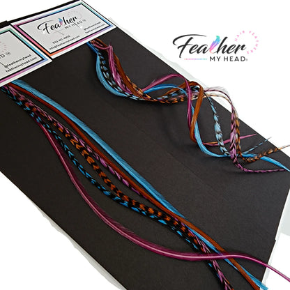 Feather Hair Extension Kit by Feather My Head. Mix of  Blue Feathers, Plum Purple Feathers, Brown Feathers.  Real hair feathers in long lengths. Halloween costume accessory