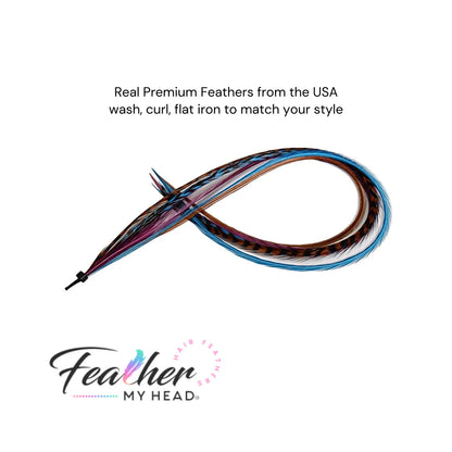 Feather Hair Extension Kit by Feather My Head. Mix of  Blue Feathers, Plum Purple Feathers, Brown Feathers.  Real hair feathers in long lengths. Halloween costume accessory