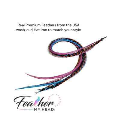 Feather Hair Extension Kit by Feather My Head. Mix of  Blue Feathers, Plum Purple Feathers, Brown Feathers.  Real hair feathers in long lengths. Halloween costume accessory