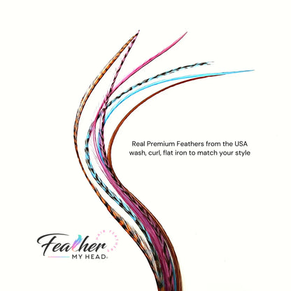 Feather Hair Extension Kit by Feather My Head. Mix of  Blue Feathers, Plum Purple Feathers, Brown Feathers.  Real hair feathers in long lengths. Halloween costume accessory