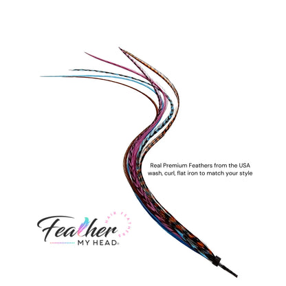 Feather Hair Extension Kit by Feather My Head. Mix of  Blue Feathers, Plum Purple Feathers, Brown Feathers.  Real hair feathers in long lengths. Halloween costume accessory