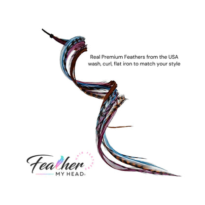 Feather Hair Extension Kit by Feather My Head. Mix of  Blue Feathers, Plum Purple Feathers, Brown Feathers.  Real hair feathers in long lengths. Halloween costume accessory