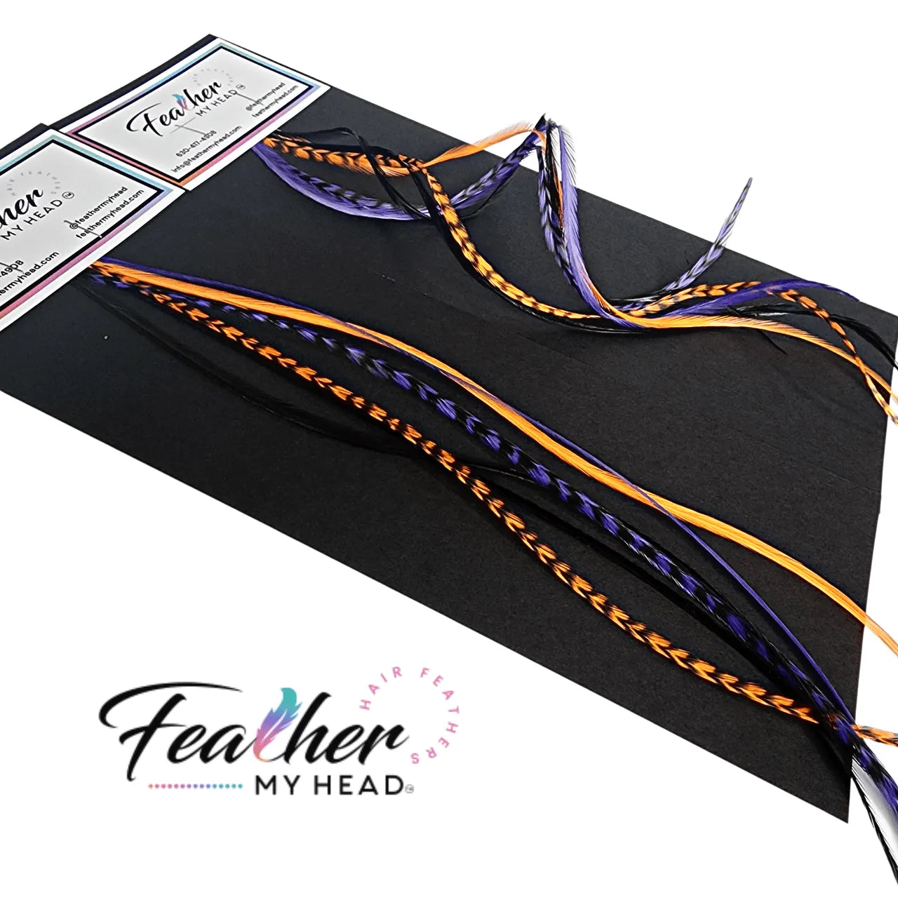 Feather Hair Extension Kit by Feather My Head. Mix of  orange, purple, black feathers.  Real hair feathers in long lengths.