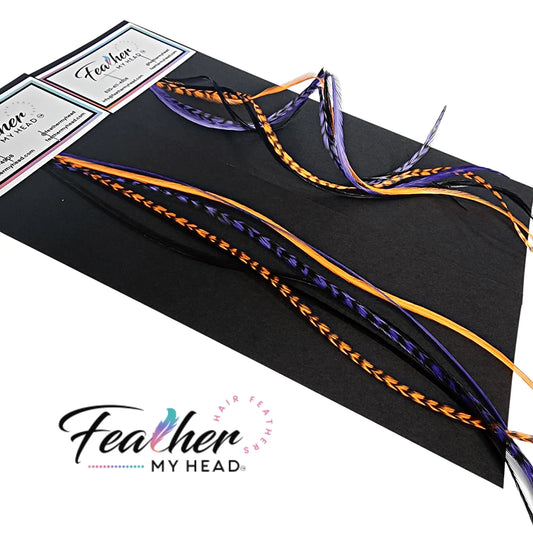 Feather Hair Extension Kit by Feather My Head. Mix of  orange, purple, black feathers.  Real hair feathers in long lengths.