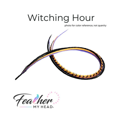 Feather Hair Extension Kit by Feather My Head. Mix of  orange, purple, black feathers.  Real hair feathers in long lengths.