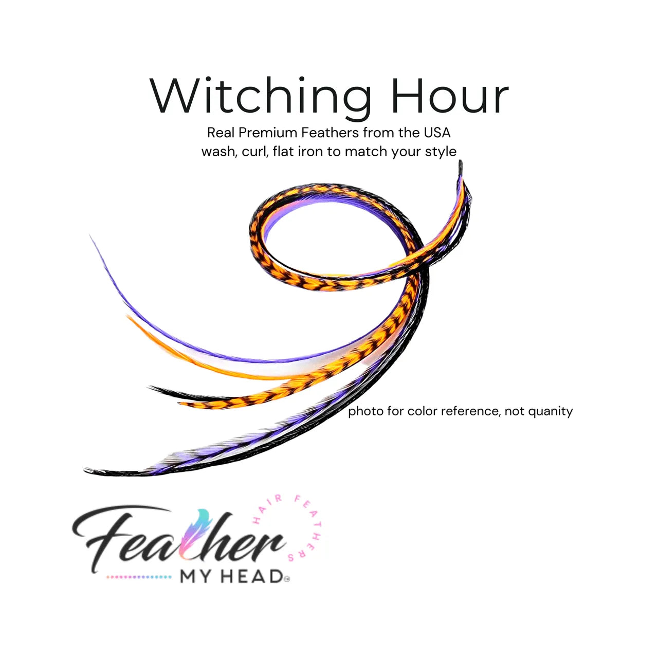Feather Hair Extension Kit by Feather My Head. Mix of  orange, purple, black feathers.  Real hair feathers in long lengths.