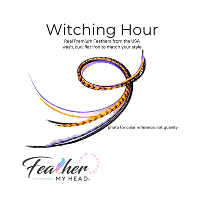Feather Hair Extension Kit by Feather My Head. Mix of  orange, purple, black feathers.  Real hair feathers in long lengths.