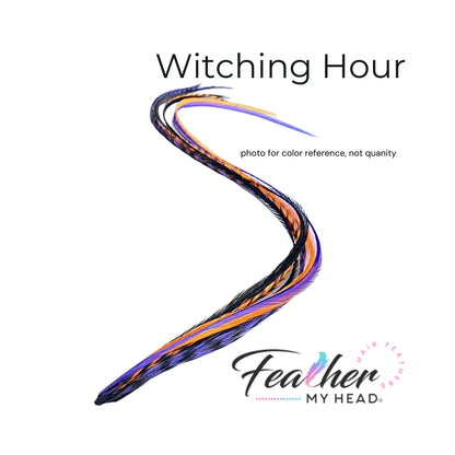 Feather Hair Extension Kit by Feather My Head. Mix of  orange, purple, black feathers.  Real hair feathers in long lengths.