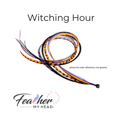 Feather Hair Extension Kit by Feather My Head. Mix of  orange, purple, black feathers.  Real hair feathers in long lengths.