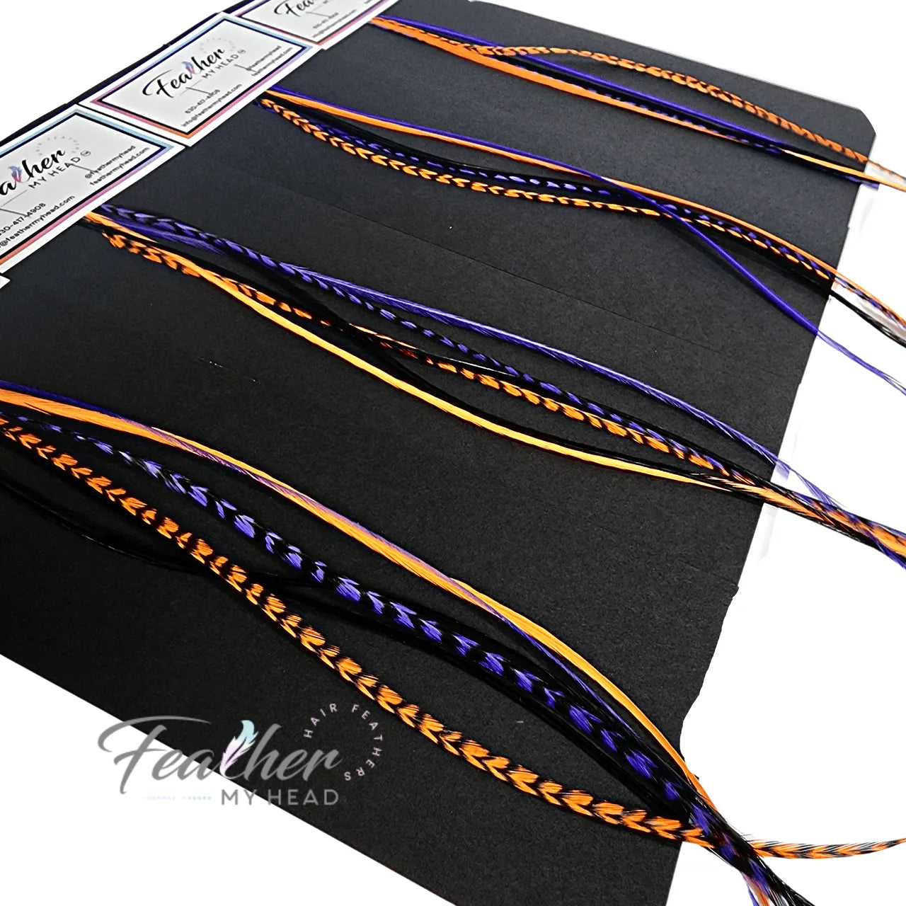 Feather Hair Extension Kit by Feather My Head. Mix of  orange, purple, black feathers.  Real hair feathers in long lengths.