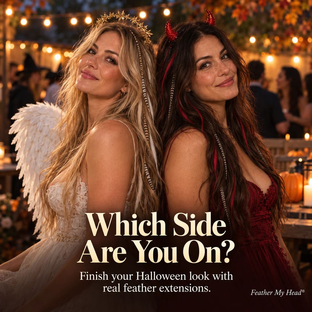 Two women dressed as an angel and devil wearing cream, red, and grizzly feather hair extensions at a Halloween party.