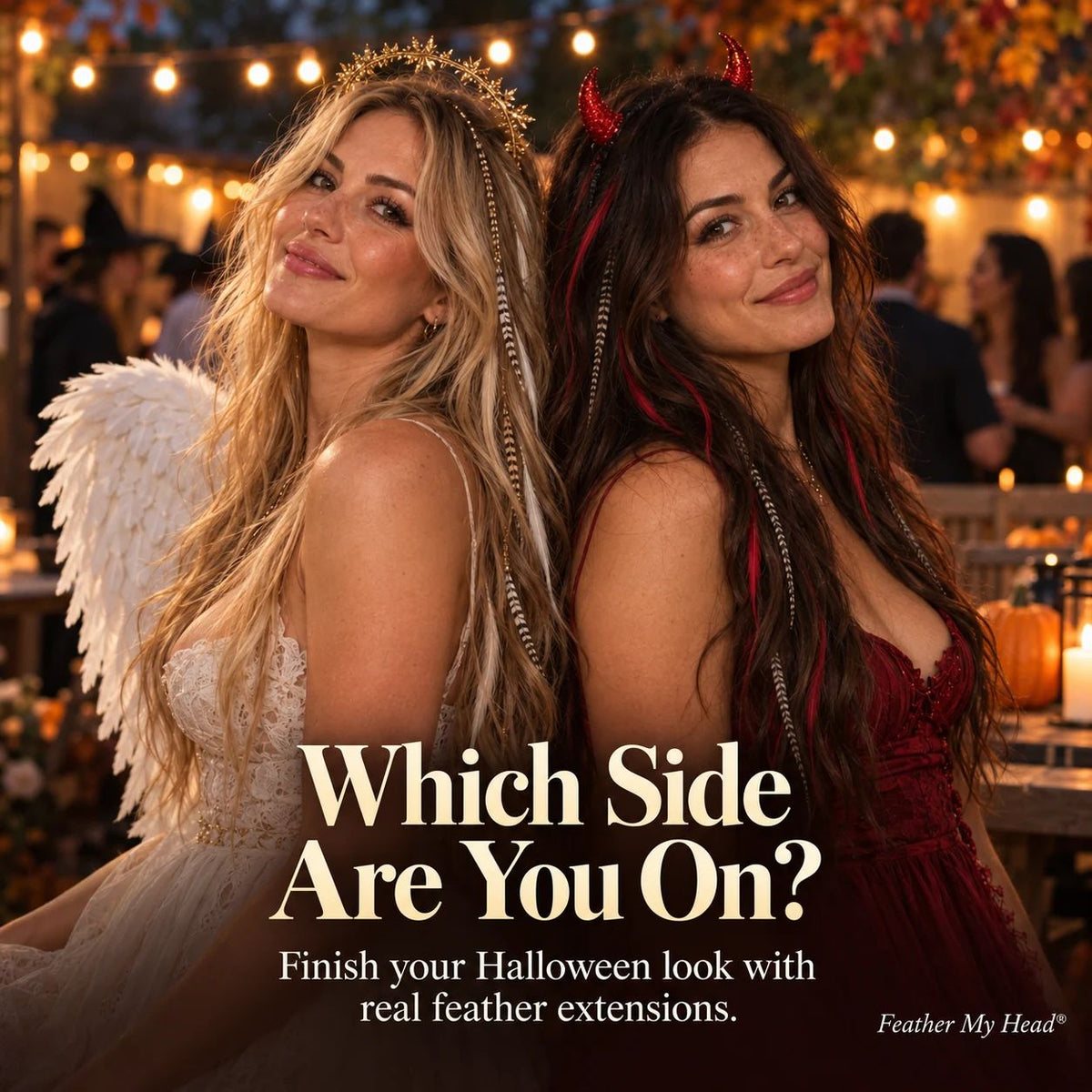 Two women dressed as an angel and devil wearing cream, red, and grizzly feather hair extensions at a Halloween party.