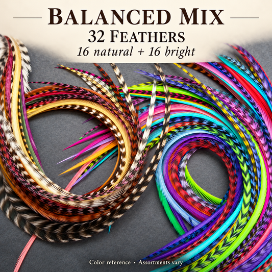 Balanced Mix, 32 feathers: 16 natural and 16 bright; color reference, assortments vary