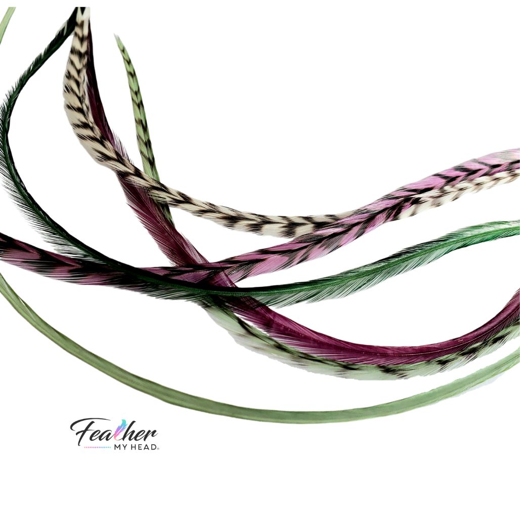 Barberry – Plum Purple, Green & White Hair Feather Extensions