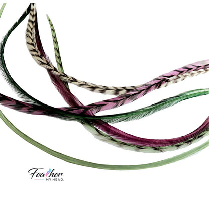 Barberry – Plum Purple, Green & White Hair Feather Extensions