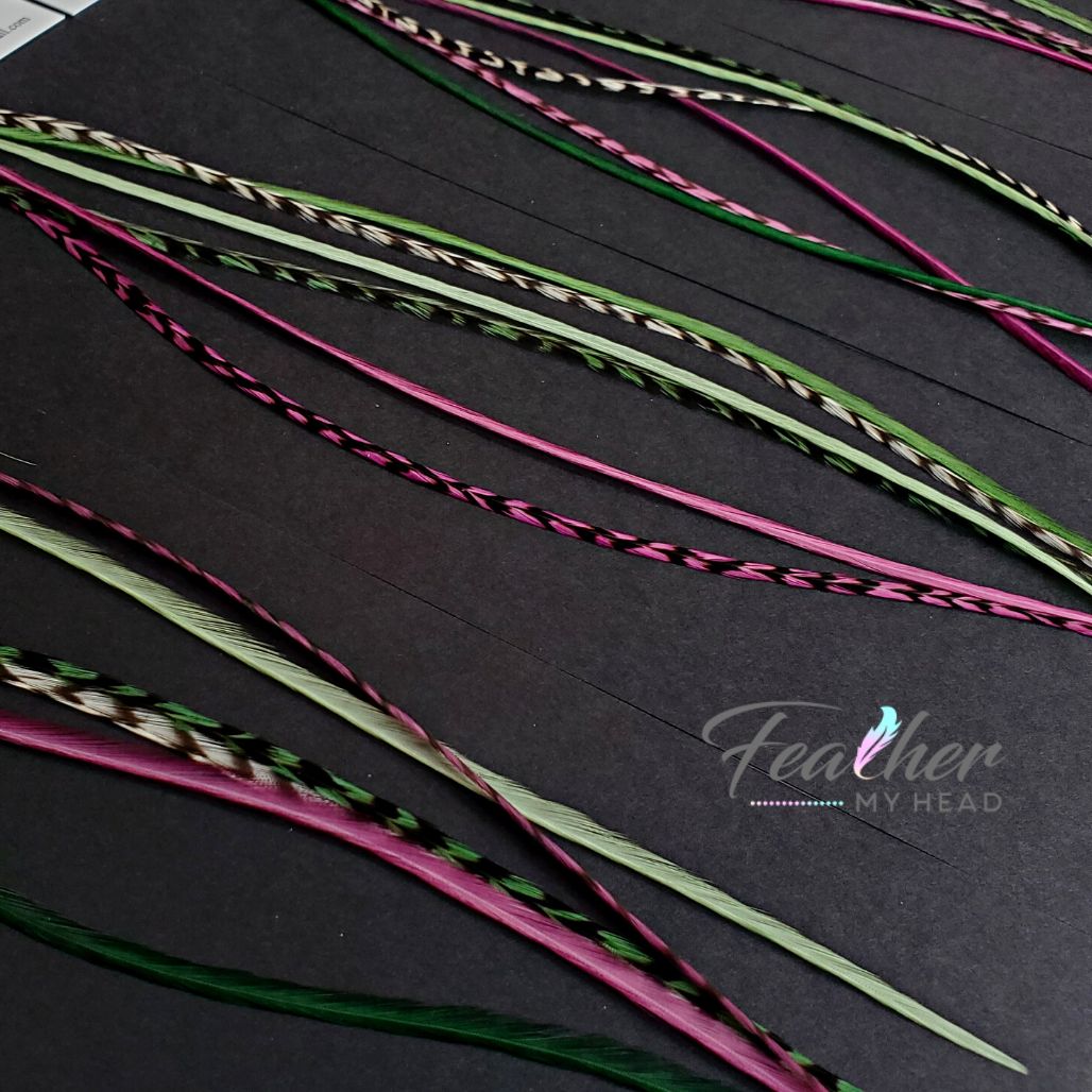 Barberry – Plum Purple, Green & White Hair Feather Extensions
