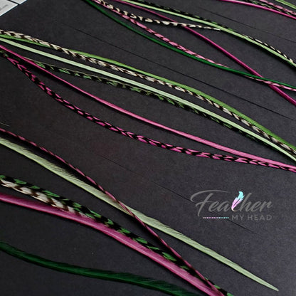 Barberry – Plum Purple, Green & White Hair Feather Extensions