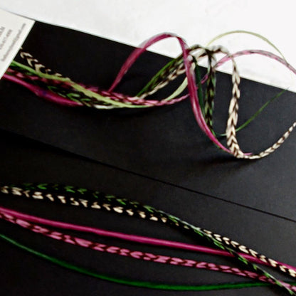 Barberry – Plum Purple, Green & White Hair Feather Extensions