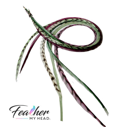 Barberry feather hair extensions in rich berry-inspired tones with long salon-quality rooster feathers for hair