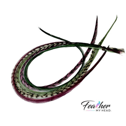 Barberry feather hair extensions in rich berry-inspired tones with long salon-quality rooster feathers for hair