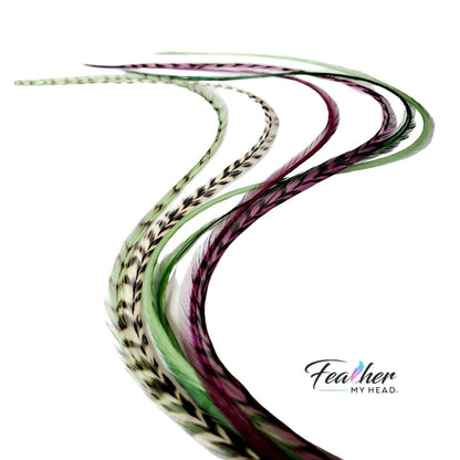 Barberry feather hair extensions in rich berry-inspired tones with long salon-quality rooster feathers for hair