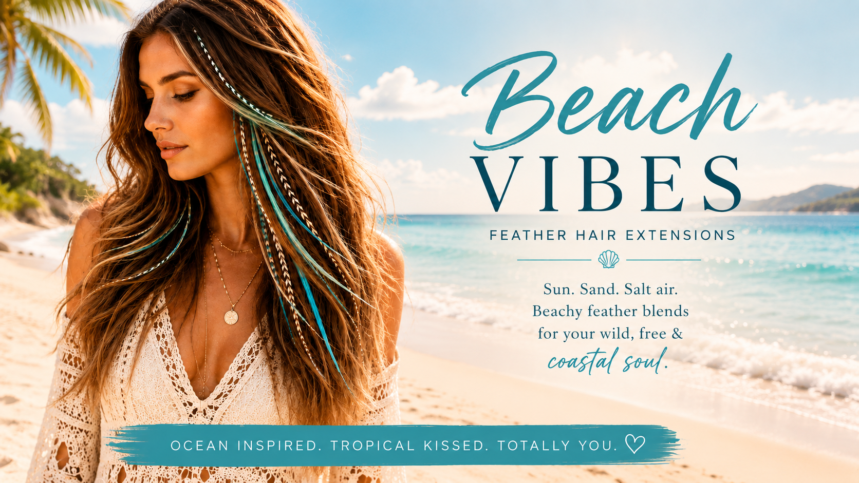 Beach Vibes feather hair extensions featuring turquoise, cream, and grizzly rooster feathers in long brown hair with a coastal beach background.