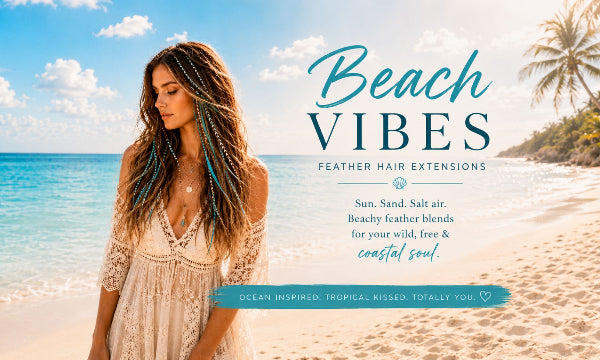 Beach Vibes feather hair extensions featuring turquoise, aqua, cream, and grizzly rooster feathers inspired by the ocean and coastal style.