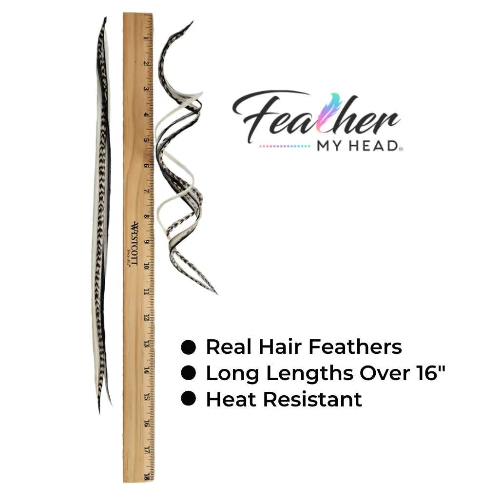 Hair Feather Extension Collection of hair feathers in soft natural earthy shades of black and white grizzly and white-cream colors.

Select your length with hair feathers over 16 inches long. Optional feather kit makes installing your feathers at home a cinch with instructions and photos