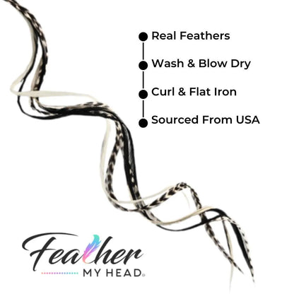Hair Feather Extension Collection of hair feathers in soft natural earthy shades of black and white grizzly and white-cream colors.

Select your length with hair feathers over 16 inches long. Optional feather kit makes installing your feathers at home a cinch with instructions and photos