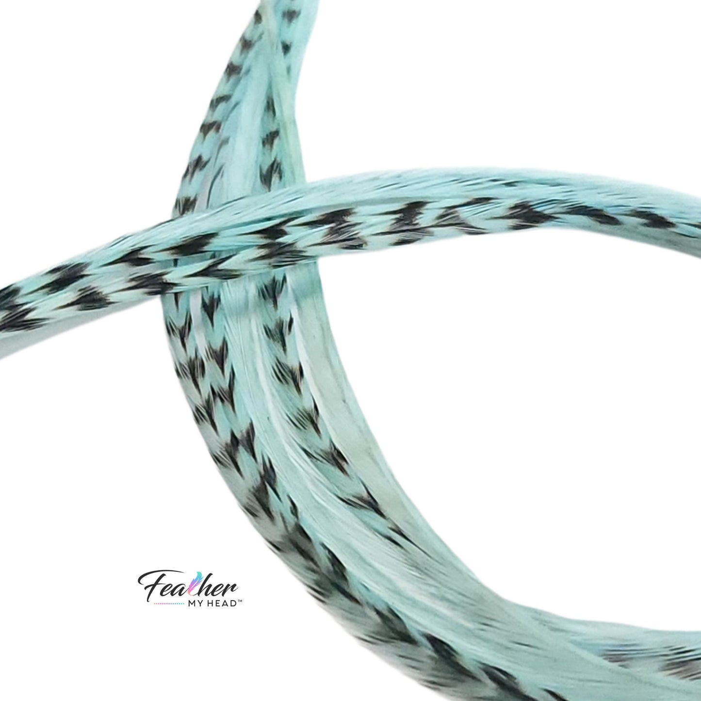 icy blue feather hair extension thin long feather with natural grizzly pattern