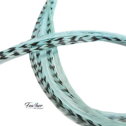 icy blue feather hair extension thin long feather with natural grizzly pattern