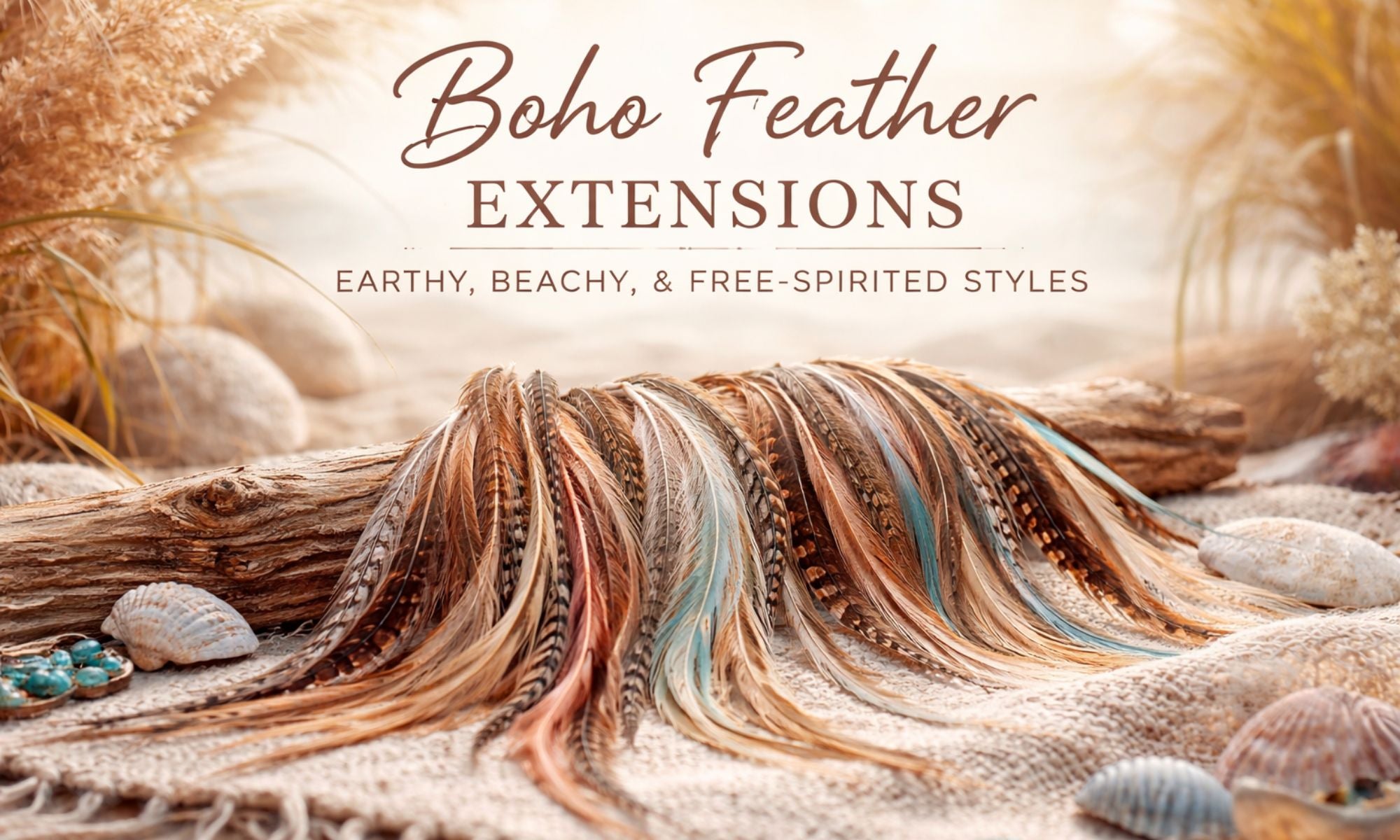 Boho feather extensions banner with earthy, beachy tones and a free-spirited natural vibe