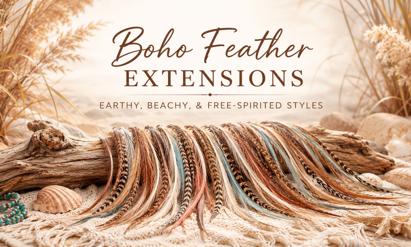 Boho feather hair extensions in earthy beachy colors displayed with driftwood, shells, and natural textures.