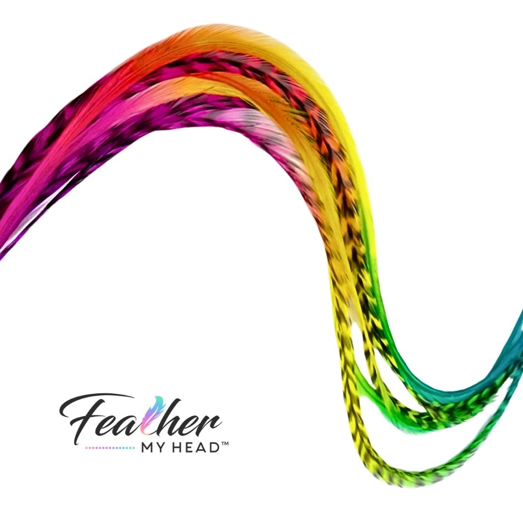 Butterfly Kisses tie-dye feather hair extensions in a flowing rainbow curve