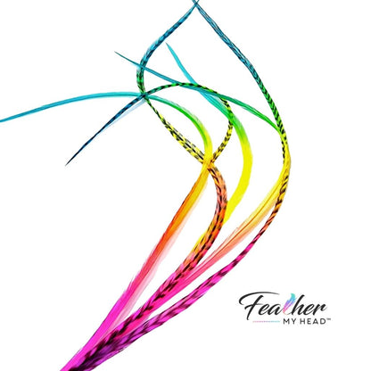 Butterfly Kisses rainbow hair feathers with long narrow tie-dye strands on white background