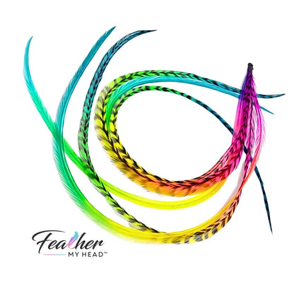 Butterfly Kisses multi-color feather hair extensions in long curved rainbow tie-dye strands