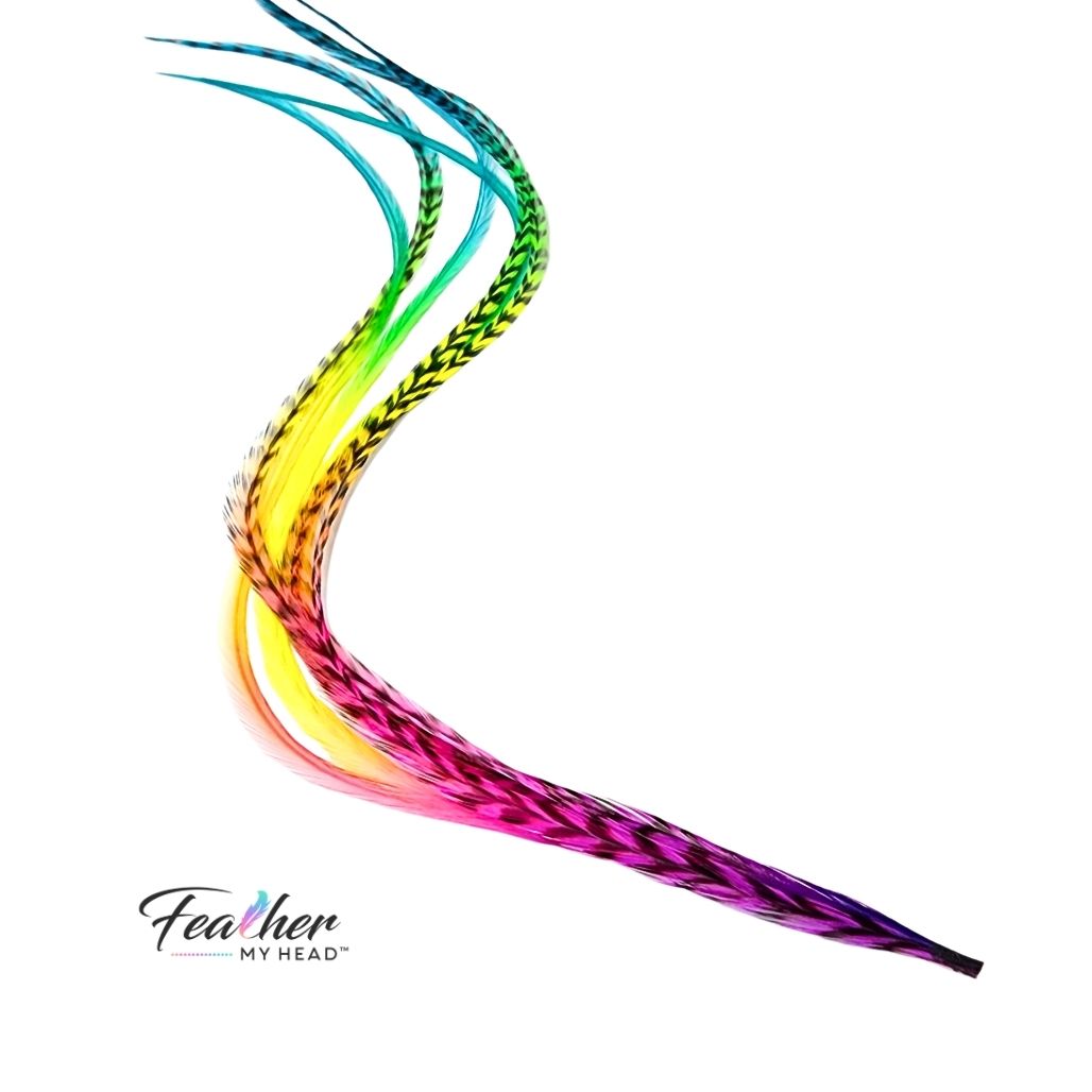 Butterfly Kisses rainbow tie-dye hair feathers in a soft flowing S-curve