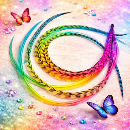 Butterfly Kisses colorful feather hair extensions styled with rainbow tones and butterfly accents