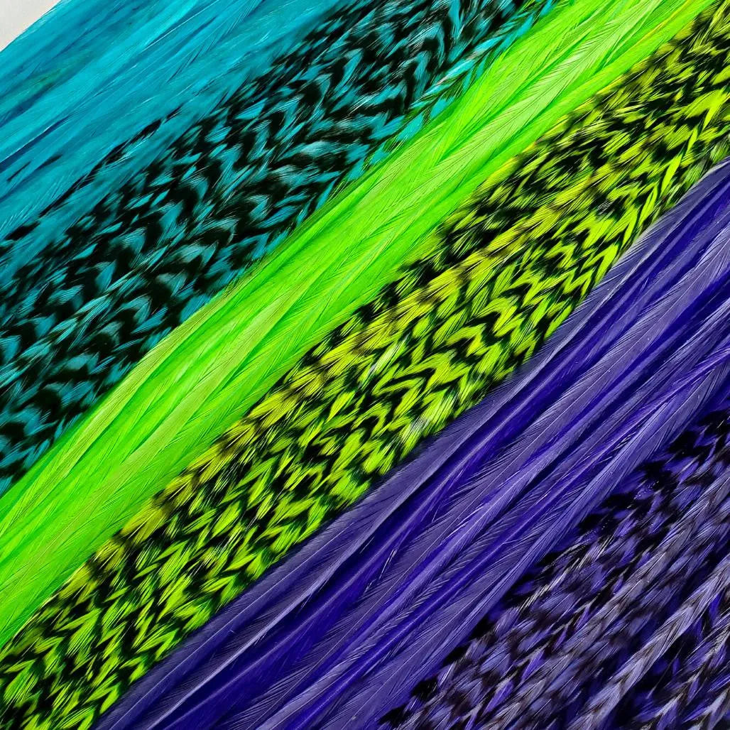 Caribbean Hair Feather Extensions in a mix of purple, turquoise blue and green premium hair feathers. Optional feather kit and long lengths available