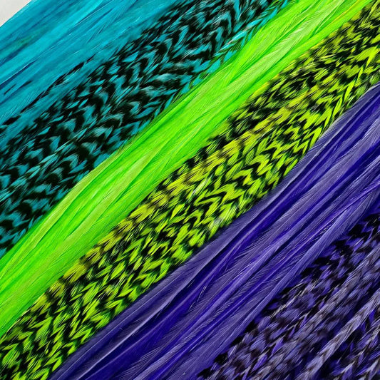 Bulk Feathers in colors of Purple, green, and turquoise blue hair feathers - feather hair extensions for salons and vendors
