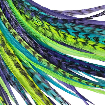 Caribbean Hair Feather Extensions in a mix of purple, turquoise blue and green premium hair feathers. Optional feather kit and long lengths available